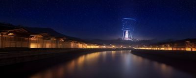 日本东京繁华街道夜景，霓虹灯光映照下的娱乐区，体现日本娱乐产业与流行文化的交融氛围